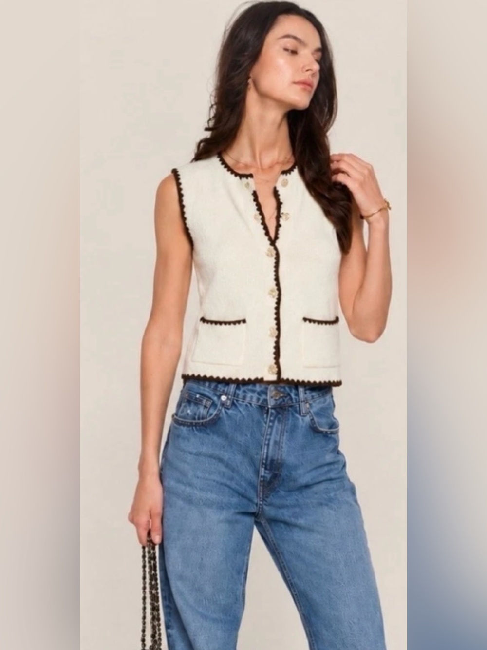 Song of Style Ivory Knit Sleeveless Vest with Black scalloped trim
